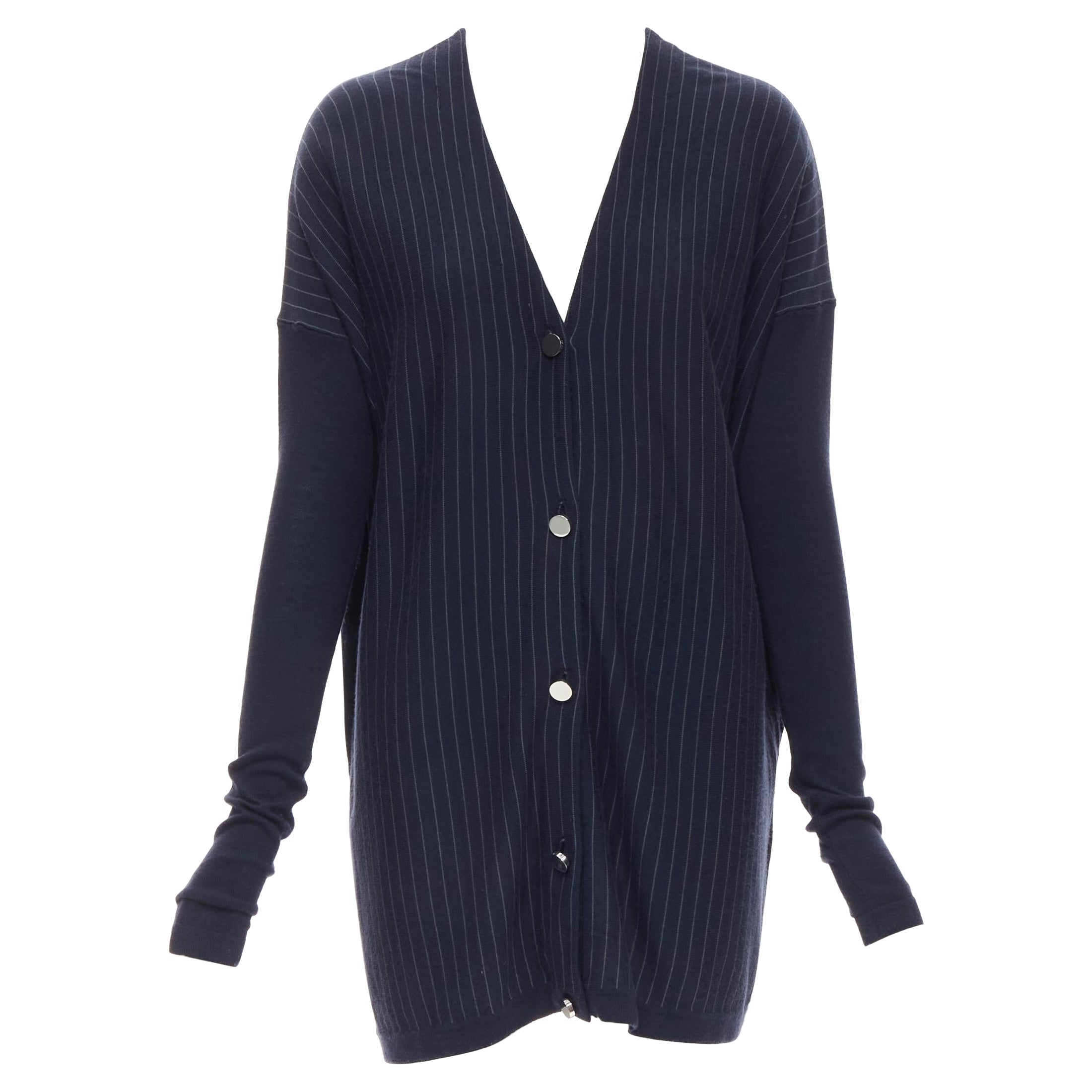 THE ROW navy blue pinstripe silver mirrored button long length cardigan XS
