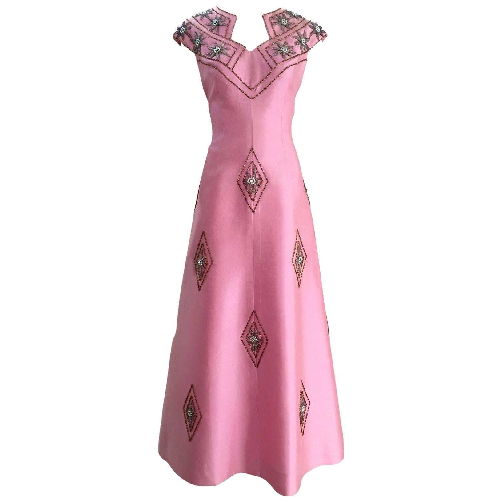 1960s Pink Silk  beaded gown
