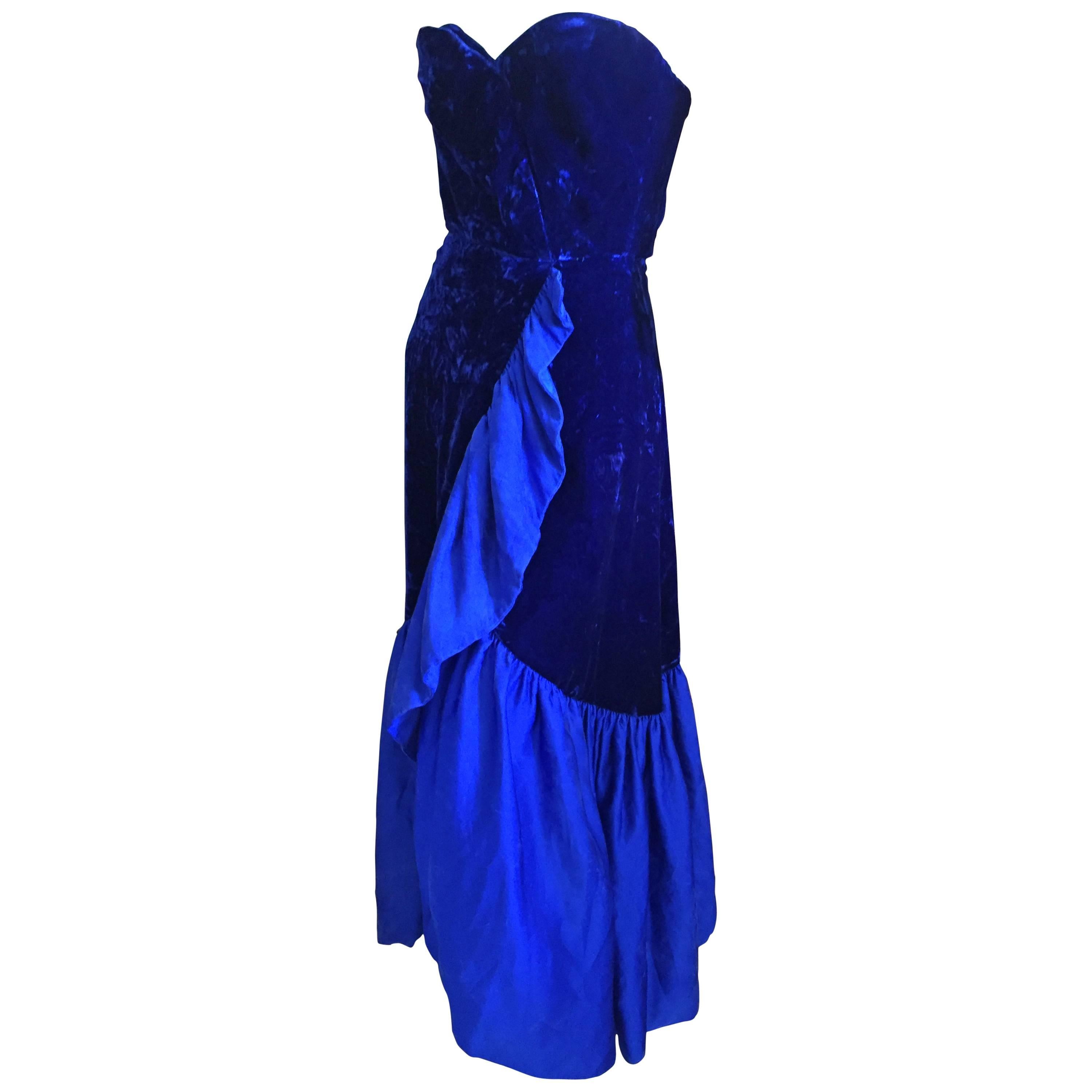 Scaasi Bergdorf Goodman Blue Velvet Evening Gown For Sale