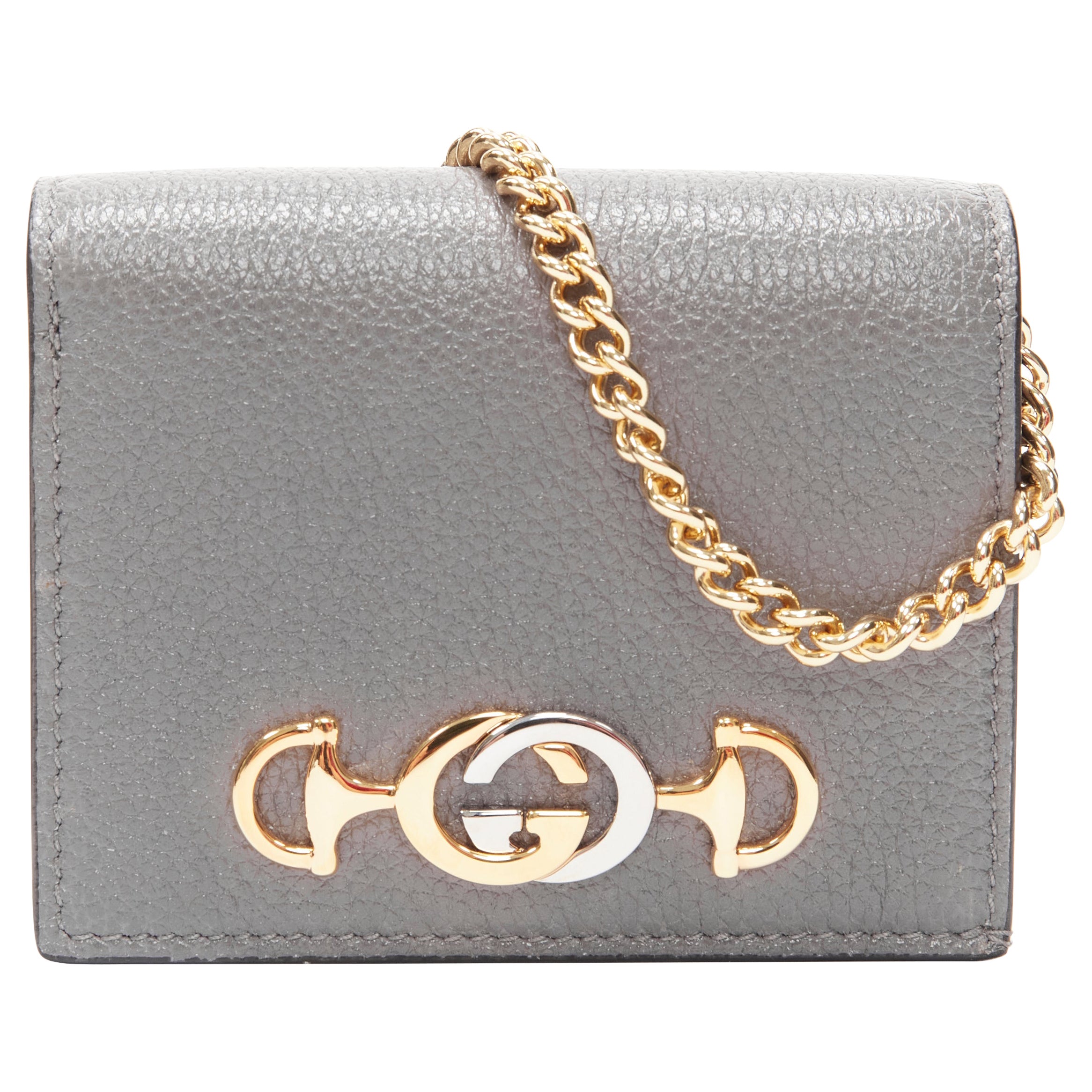 new GUCCI 570660 Zumi grey leather GG Horsebit bi-fold wallet on chain small bag For Sale