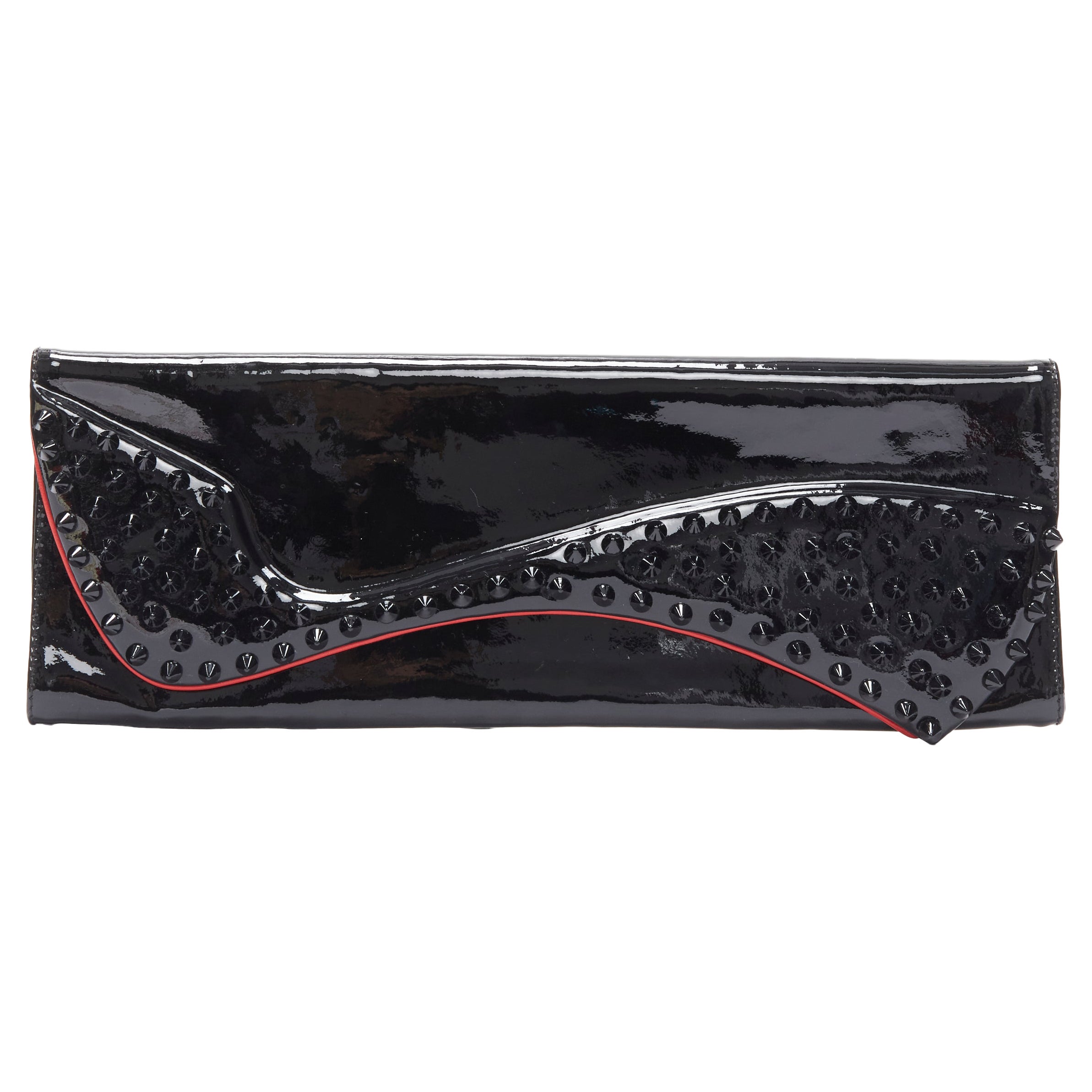 CHRISTIAN LOUBOUTIN Pigalle silhouette black patent spike stud  flap clutch bag For Sale