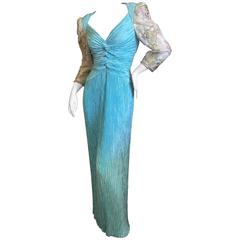 Mary McFadden Couture Turquoise Evening Dress with Beaded Sleeves NWT