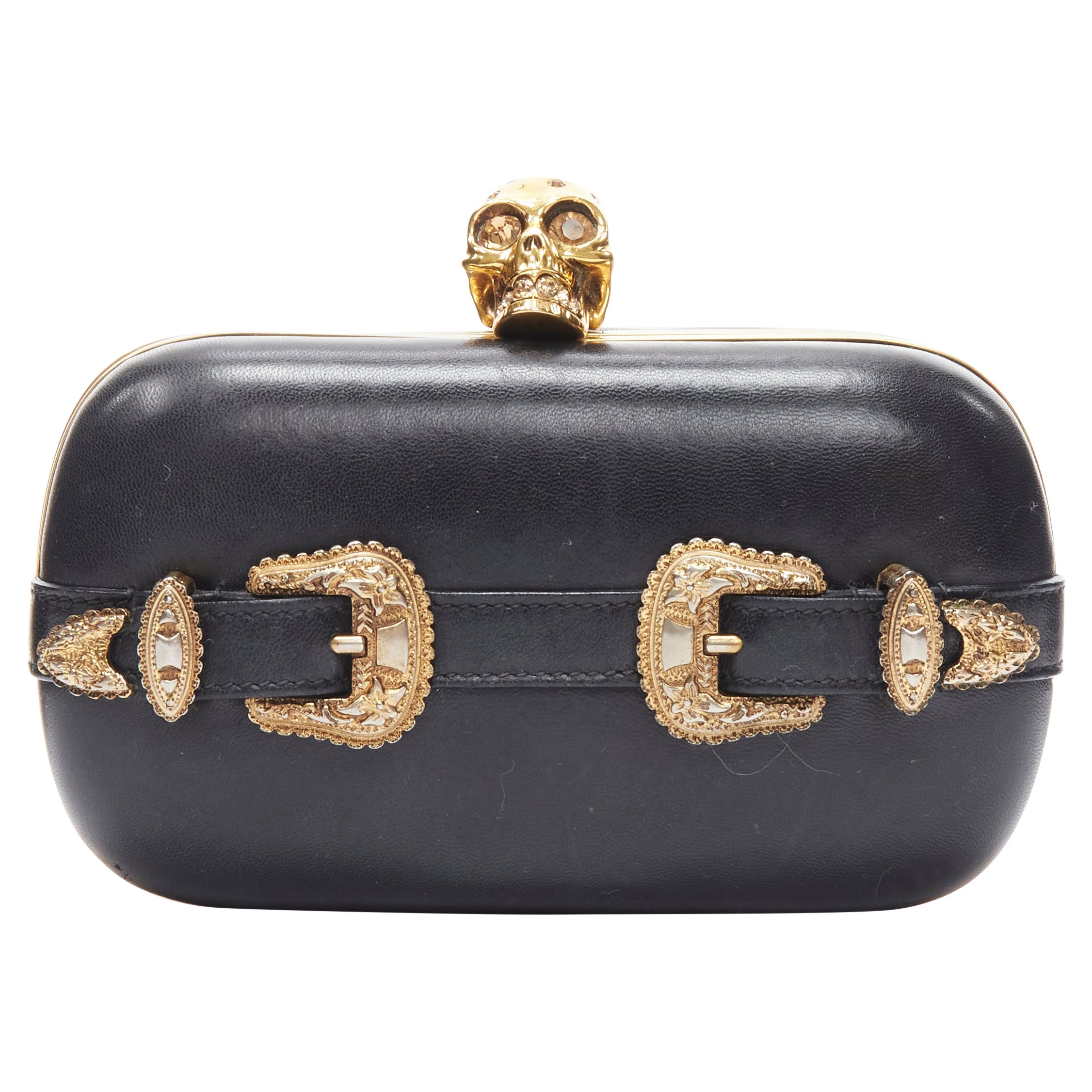 ALEXANDER MCQUEEN black gold Baroque buckle crystal Skull box clutch bag