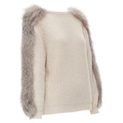 BRUNELLO CUCINELLI beige 100% cashmere grey fox fur sleeve waffle knit pullover 