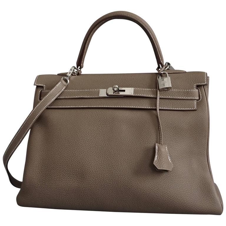 HERMES Kelly 35cm Etoupe Soft Leather With PWH at 1stDibs
