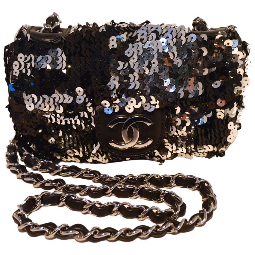 Chanel Black and Silver Sequin Mini Classic Flap Shoulder Bag