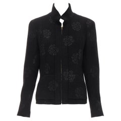 CHANEL 03C black iridscent Camellia motif stand collar boucle tweed jacket FR44 