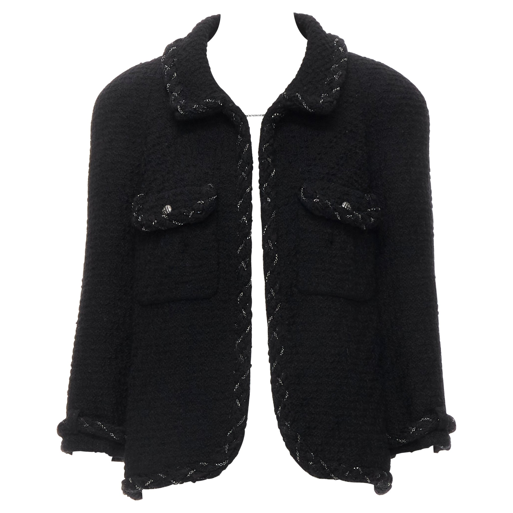 CHANEL 07A black waffle tweed braided silver chain trim little black jacket FR50