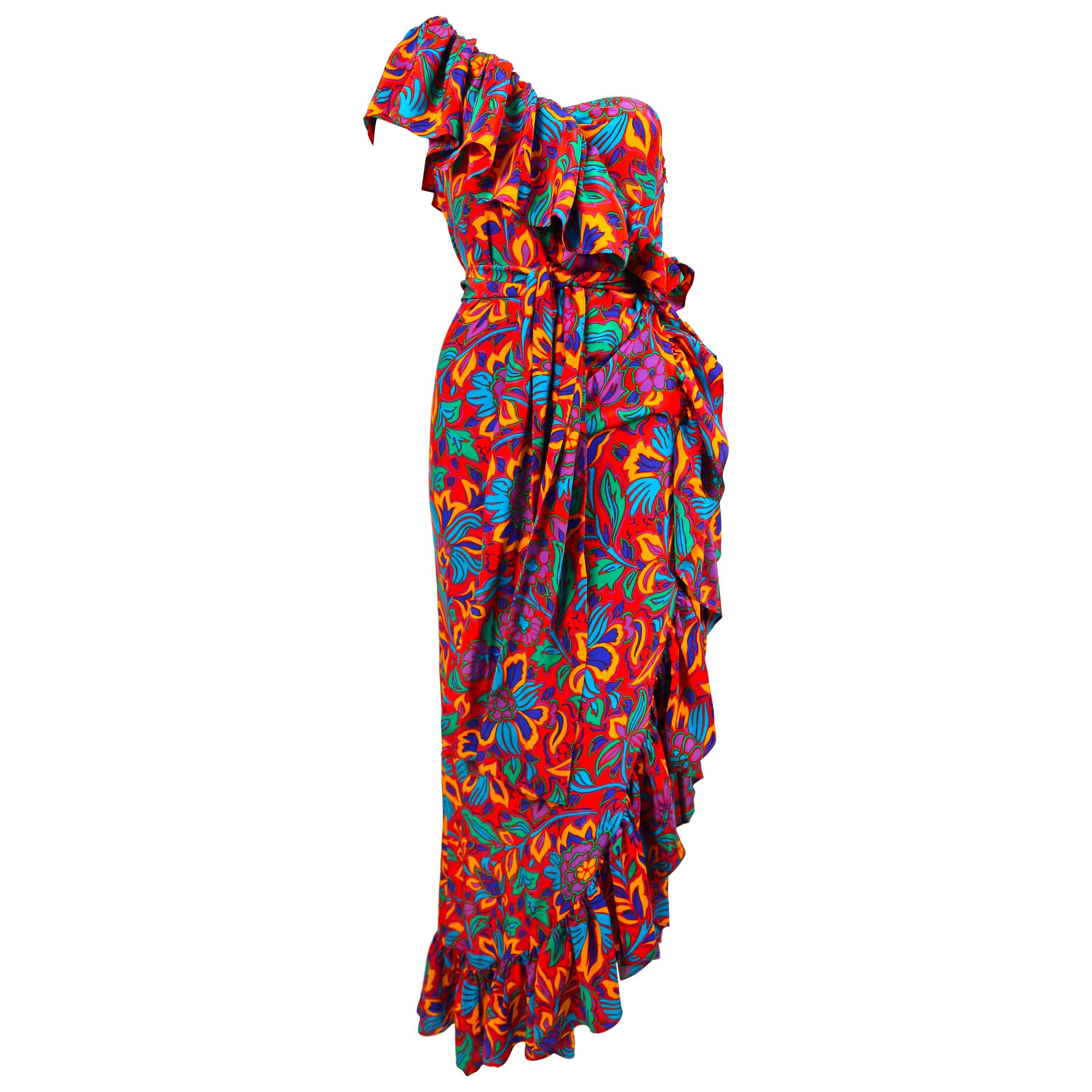 1970's YVES SAINT LAURENT floral silk asymmetrically ruffled dress
