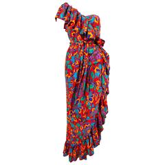 1970's YVES SAINT LAURENT floral silk asymmetrically ruffled dress