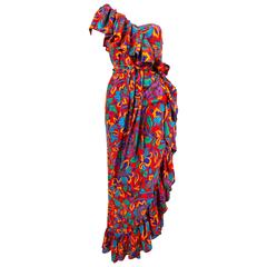 Vintage 1970
s YVES SAINT LAURENT floral silk asymmetrically ruffled dress