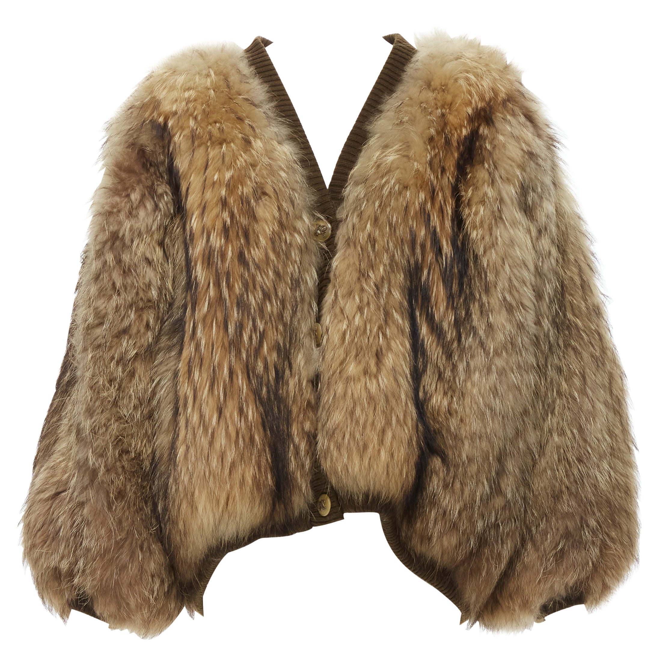 HERMES 1980s brown raccoon fur printed fur scarf lining jacket FR42 L