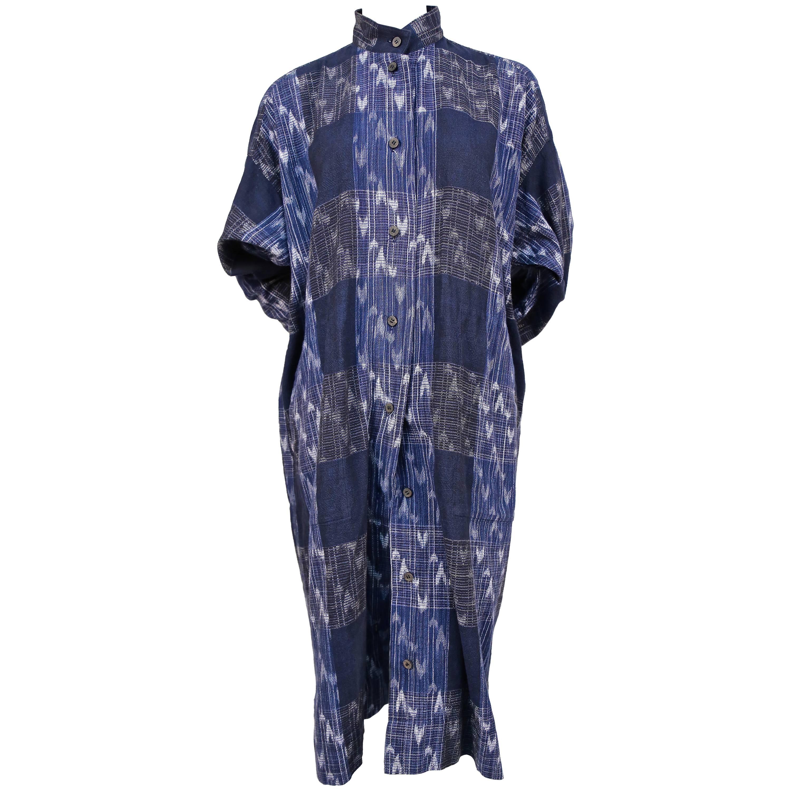 1980's ISSEY MIYAKE blue Ikat woven dress with wood buttons