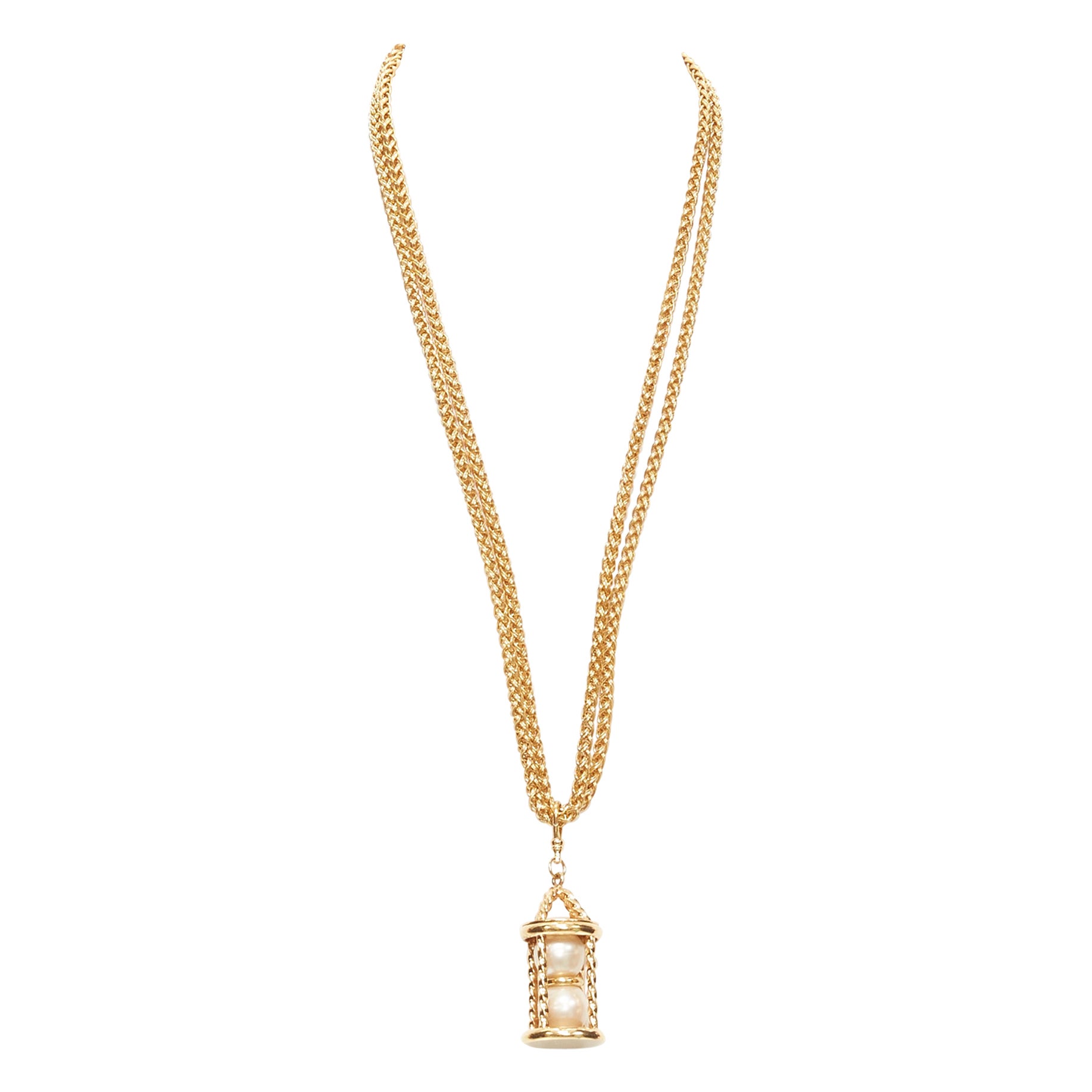 vintage CHANEL 1970's gold-tone Pearl Hourglass pendant double chain necklace