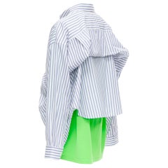 new BALENCIAGA 2017 green tshirt blue striped shirt 2 way draped top FR34 XS