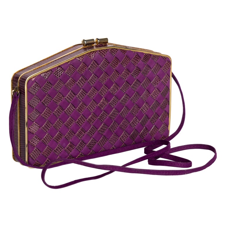 Vintage Bottega Veneta Purple Suede & Lizard Intrecciato Convertible Clutch Bag  For Sale