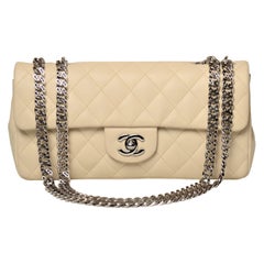Chanel East West Flap Cream Quilted Lambskin Leather