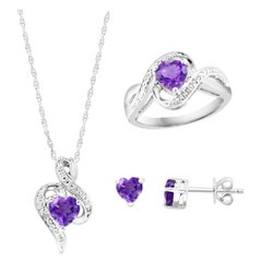 Sterling Silver & Natural Amethyst Suite Ring , Earring & Pendant with Chain