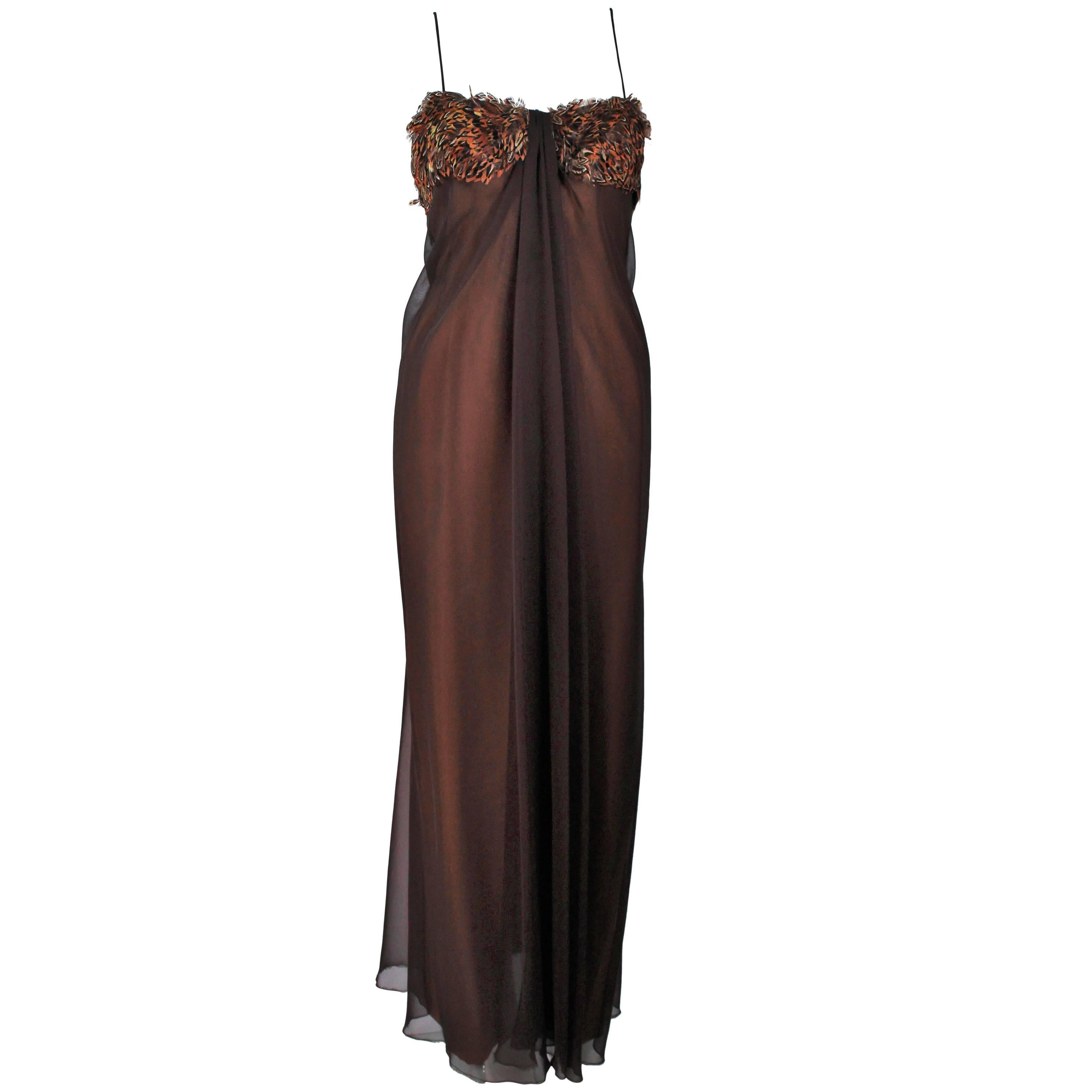 TRAVILLA  Draped Brown Silk Chiffon Gown with Feather Applique Size 8 For Sale