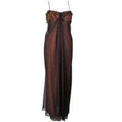 Vintage TRAVILLA  Draped Brown Silk Chiffon Gown with Feather Applique Size 8