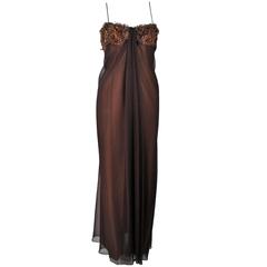 TRAVILLA Draped Brown Silk Chiffon Gown with Feather Applique Size 8 11