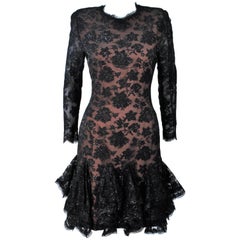 TRAVILLA Black on Black Lace Lame Cocktail Dress with Ruffle Hem Size 8