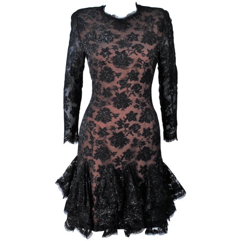 TRAVILLA Black on Black Lace Lame Cocktail Dress with Ruffle Hem Size 8 ...