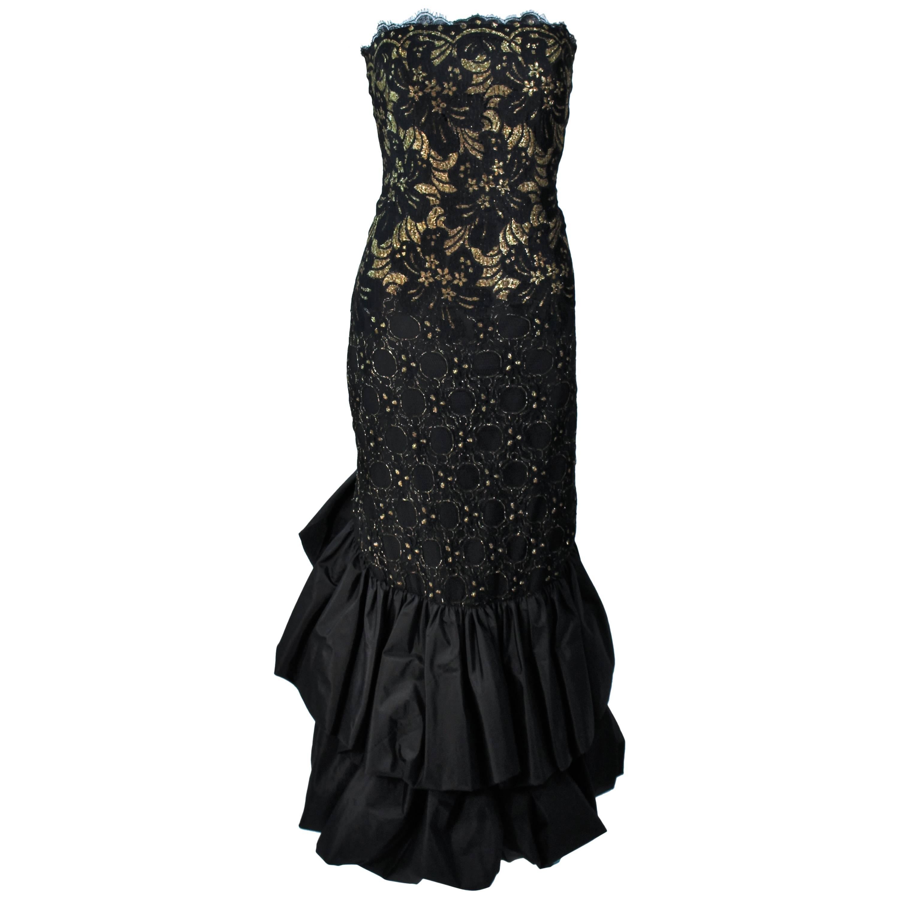 TRAVILLA Black and Gold Lace Gown with Puffed Hem and Scallop Edge Size 6