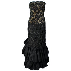 Vintage TRAVILLA Black and Gold Lace Gown with Puffed Hem and Scallop Edge Size 6