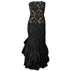 TRAVILLA Black and Gold Lace Gown with Puffed Hem and Scallop Edge Size 6 6