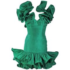 TRAVILLA Attributed Kelly Green Ruffled Cocktail Dress Size 6