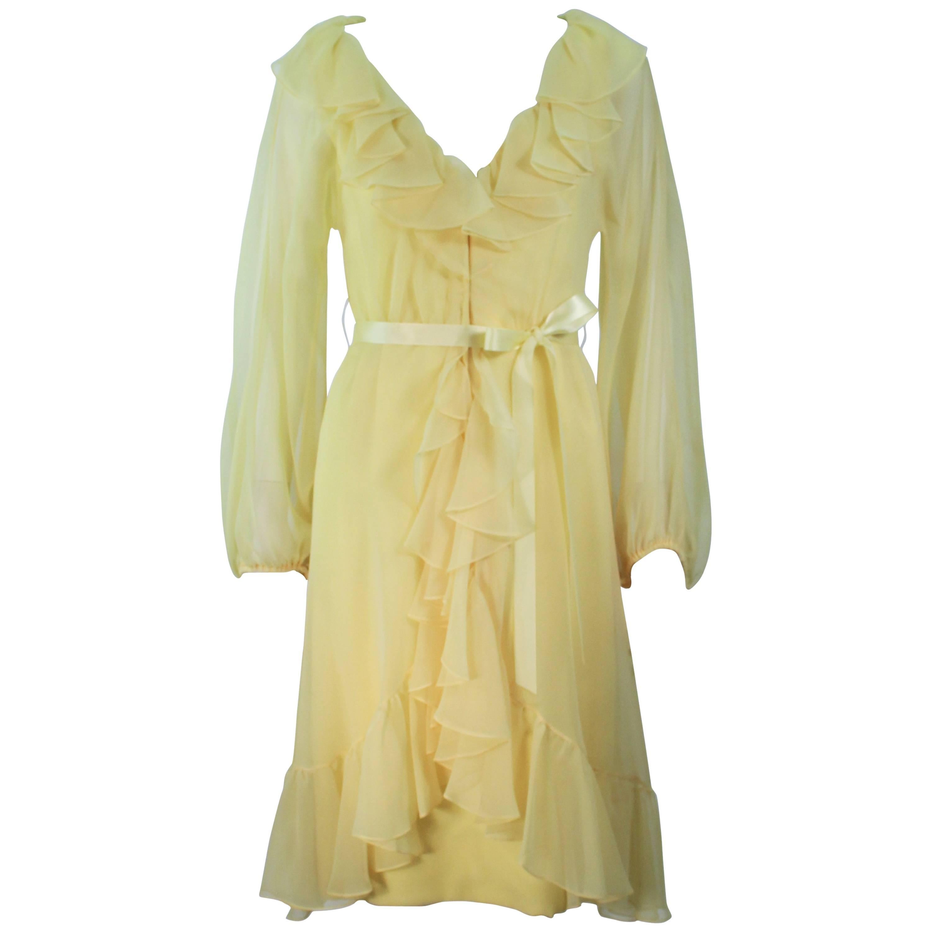 TRAVILLA Yellow Ruffled Chiffon Dress with Billow Sleeves Size 8 For Sale