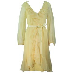 Vintage TRAVILLA Yellow Ruffled Chiffon Dress with Billow Sleeves Size 8