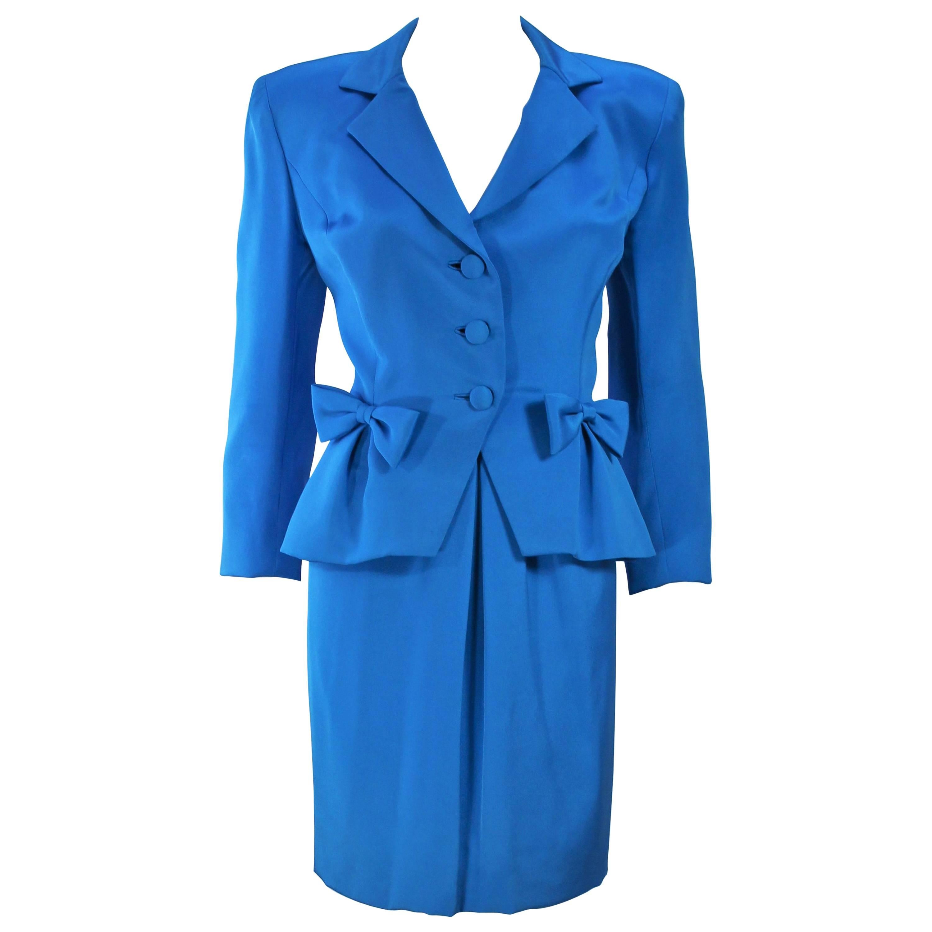 TRAVILLA Blue Silk Skirt Suit with Bows Size 6 For Sale