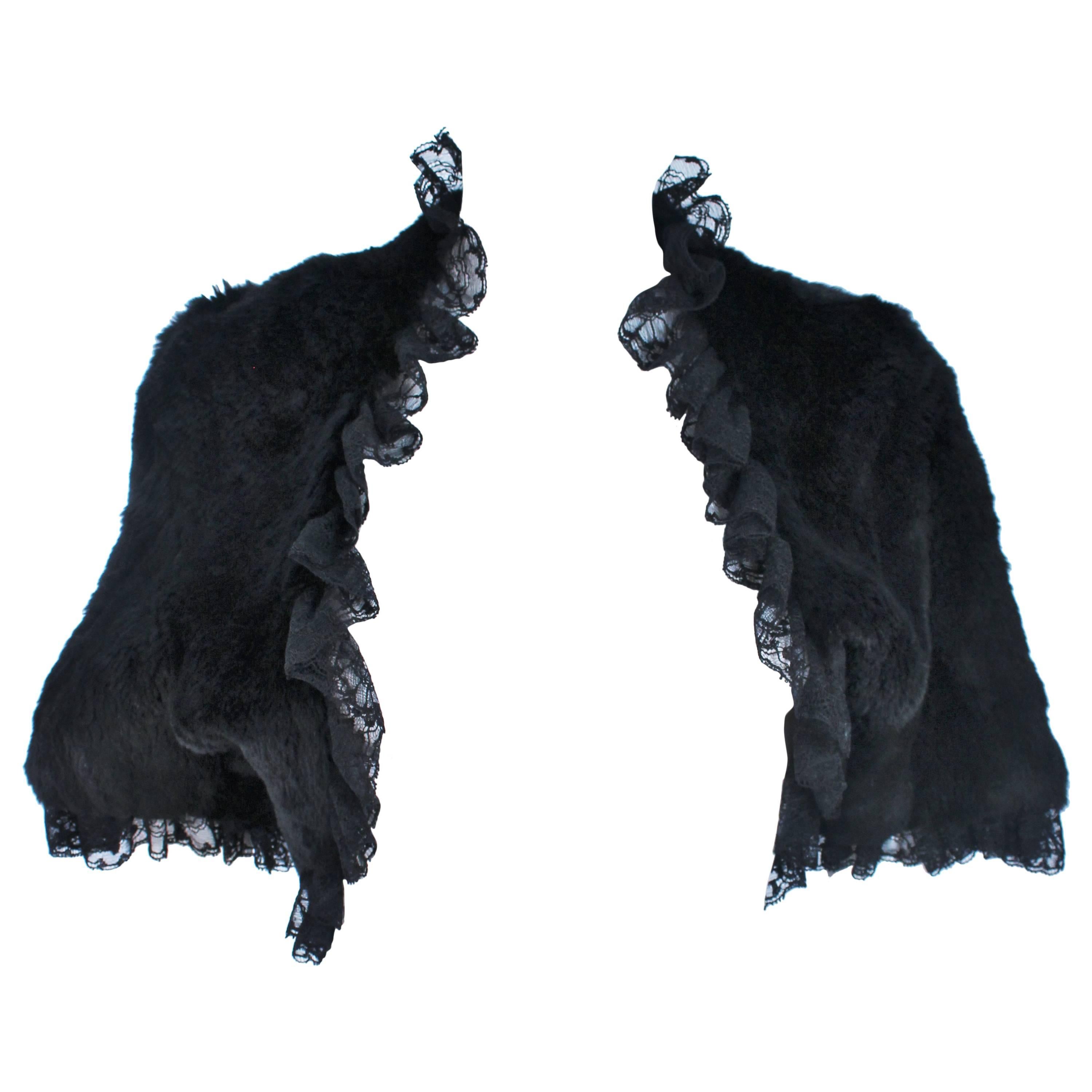 ADRIENNE LANDAU Black Rabbit Fur Bolero with Lace Trim Size 4-6