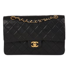 CHANEL Sac à double rabat classique vintage en cuir d'agneau noir matelassé de taille moyenne