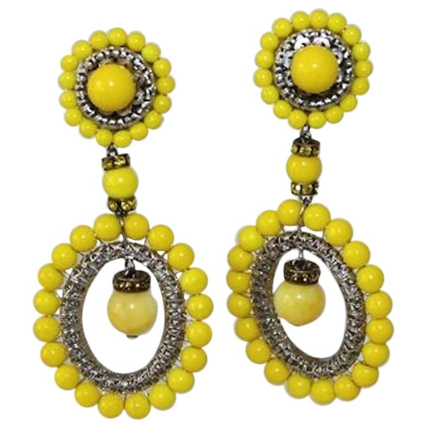 Francoise Montague Yellow Glass Bead Clip Earrings