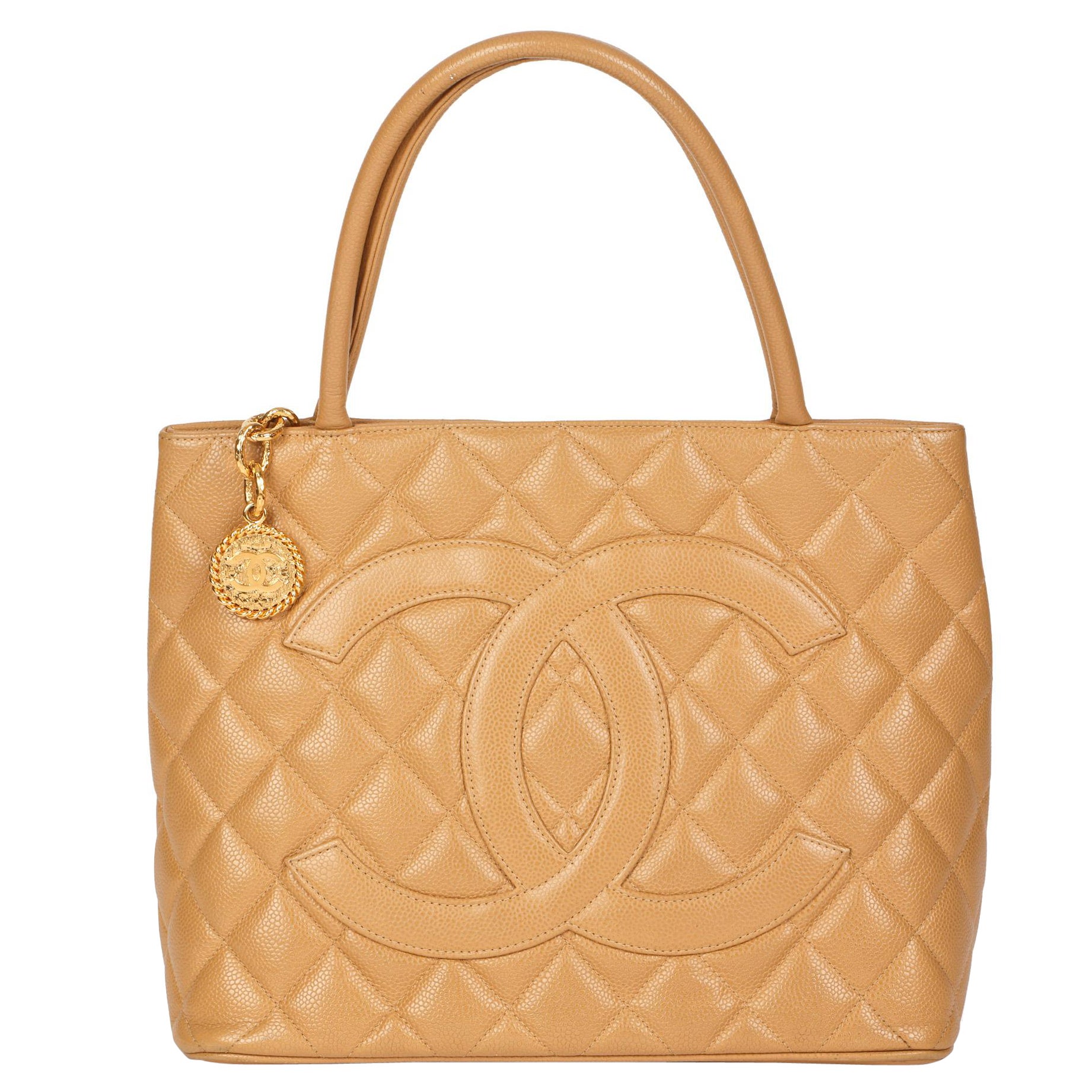 chanel beige quilted caviar leather medallion tote