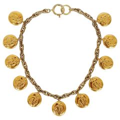 1990's Chanel Rare Coco-Figure Logo Novelty Medallion Gold Choker Necklace 