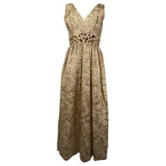 Gold Metallic Brocade V Neck Empire Maxi Dress 1970s