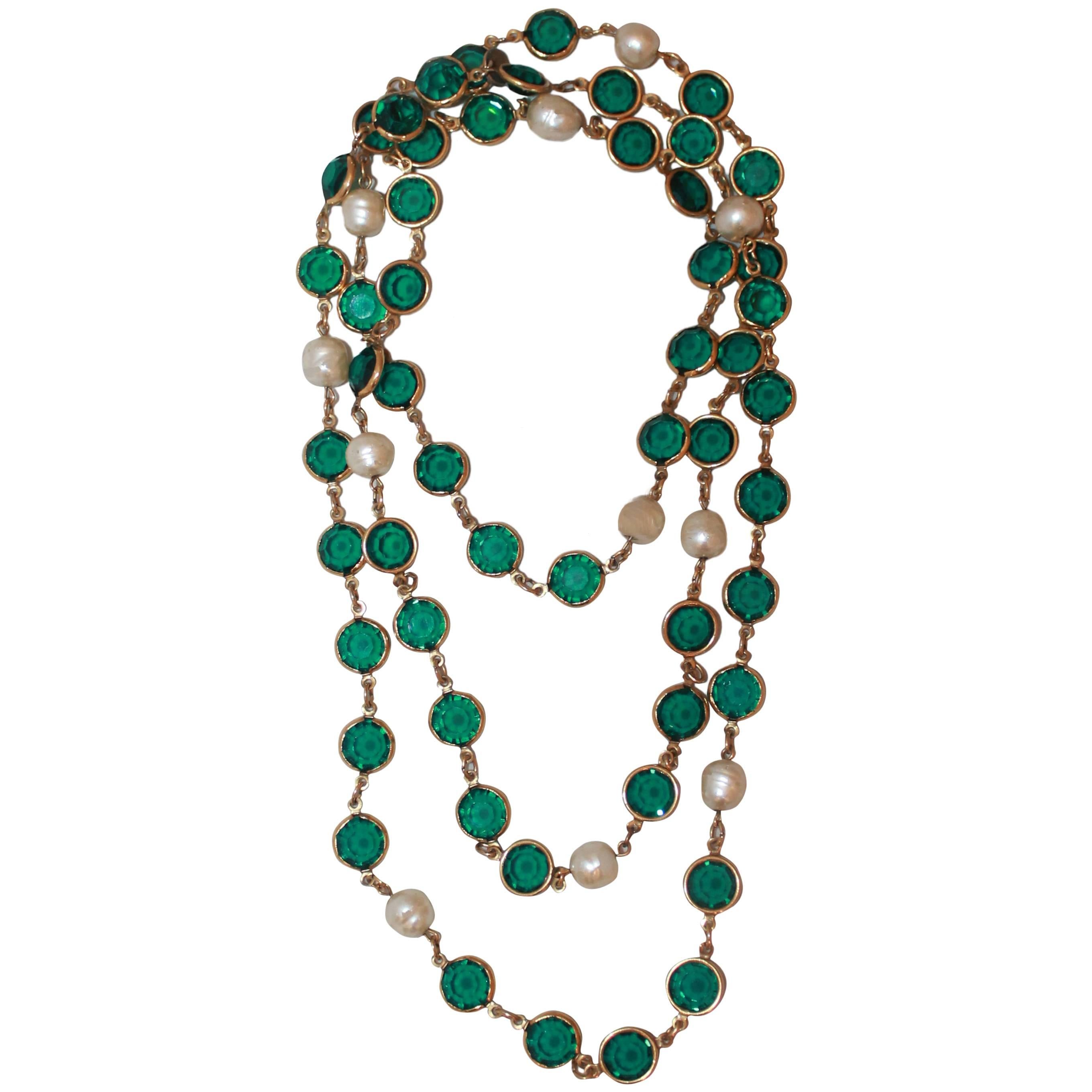 Chanel Vintage "Sautoir" Necklace w/ Green Stones & Pearls - Circa 1987