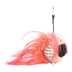 Vintage Fendi Punkito Karlito Bag Charm Studded Leather with Fur Neutral, Pink