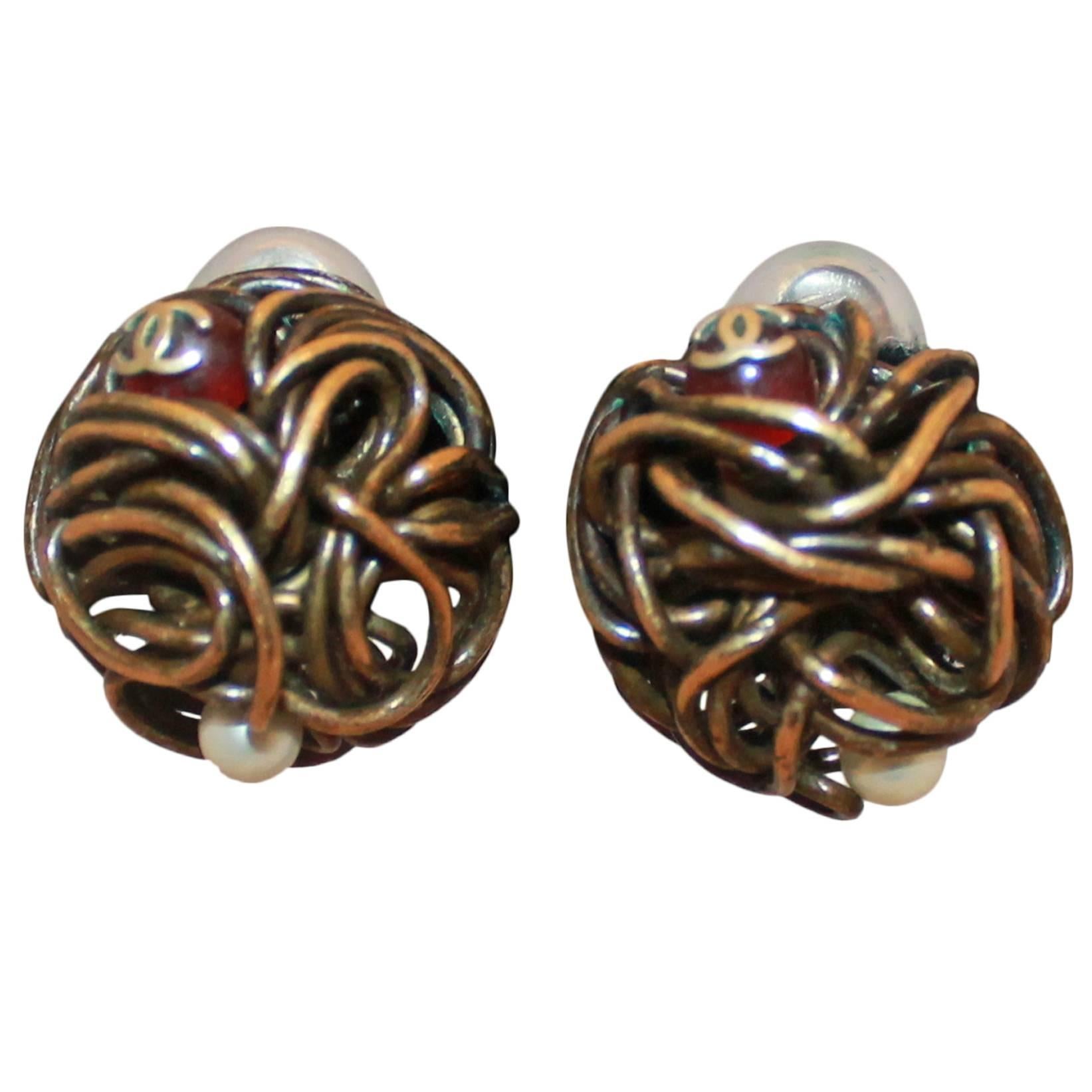 Chanel Woven Goldtone Wire Clip-On Earrings w/ Pearl & Red Gripoix - Circa 1997