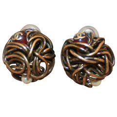 Chanel Woven Goldtone Wire Clip-On Earrings w/ Pearl & Red Gripoix - Circa 1997 3