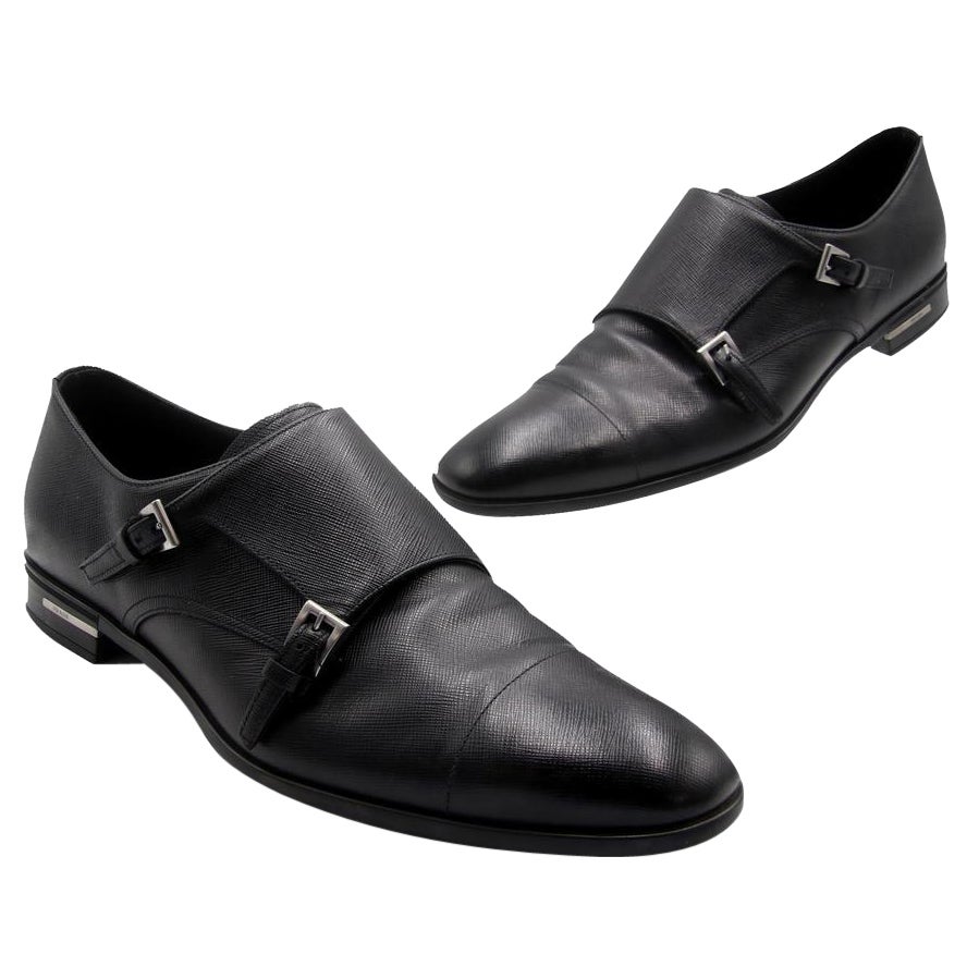 Prada Black Double Saffiano Leather Monk Mens Elegant Formal Shoes For Sale  at 1stDibs