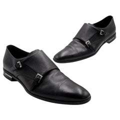 Used Prada Black Double Saffiano Leather Monk Mens Elegant Formal Shoes