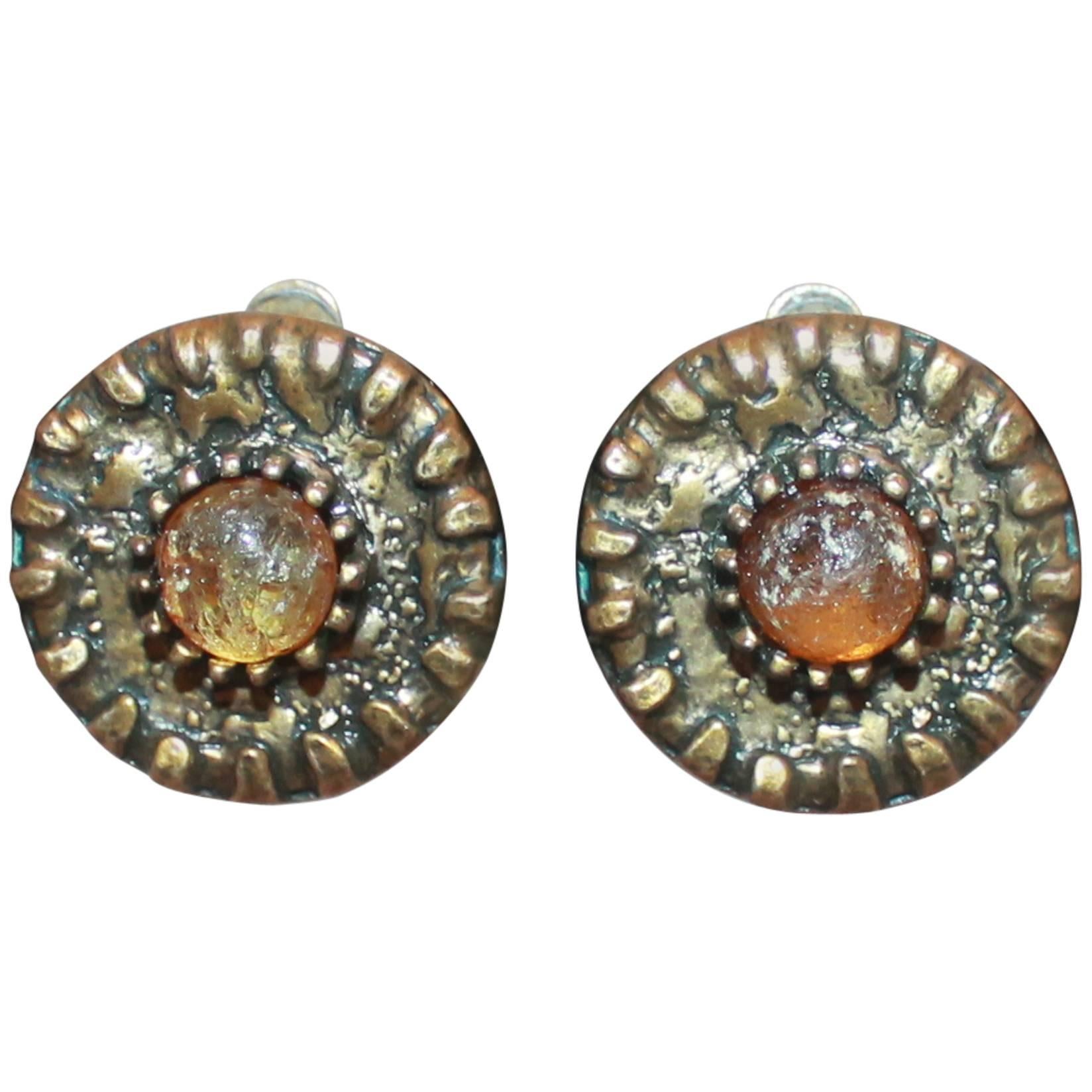 Chanel Dark Goldtone Hammered Round Clip-On Earrings w/ Amber Stone - Circa 1997