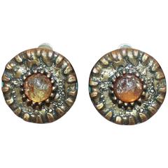 Retro Chanel Dark Goldtone Hammered Round Clip-On Earrings w/ Amber Stone - Circa 1997