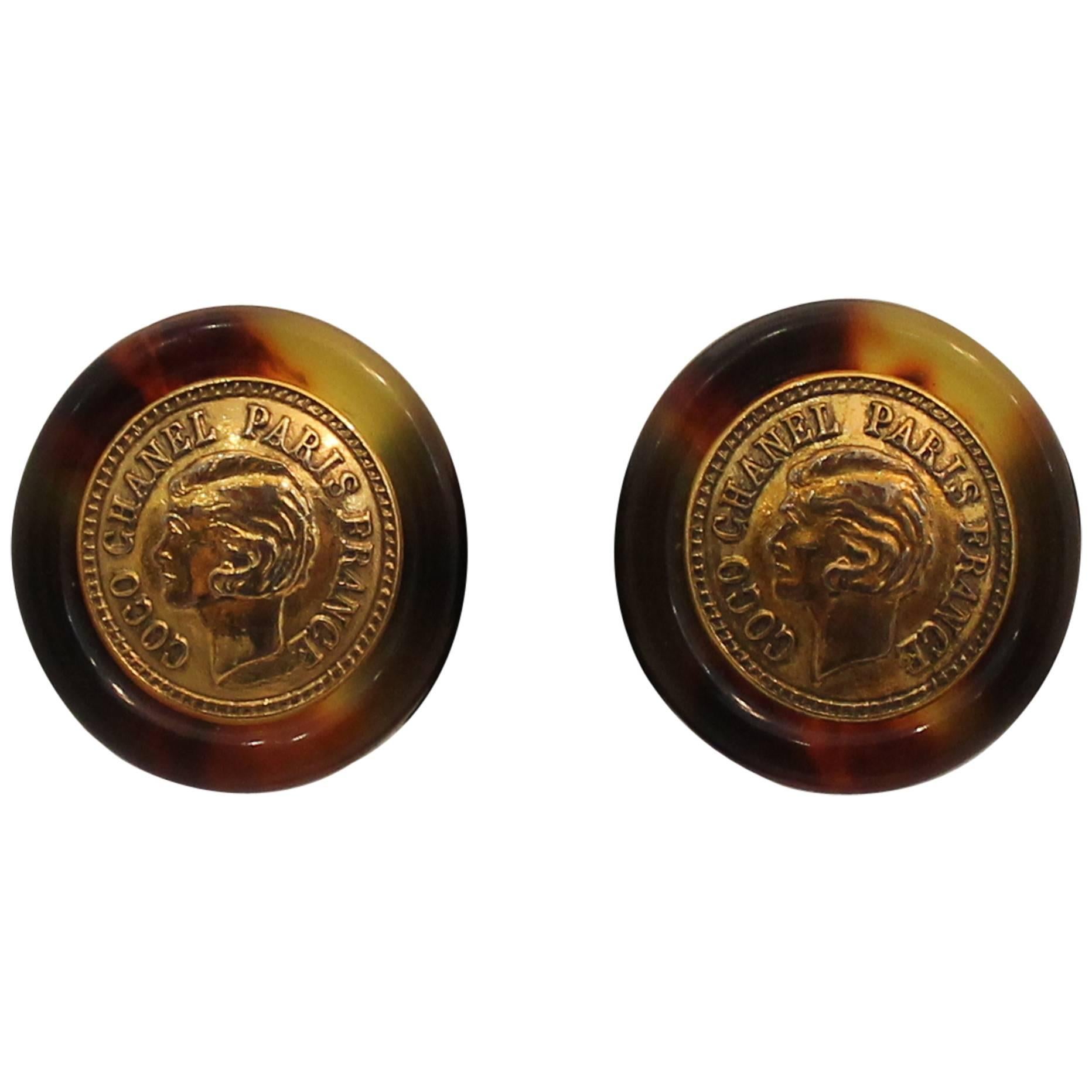 Chanel Tortoise "Coco Chanel" Coin Round Clip-On Earrings - Circa 1997