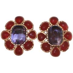 Vintage Chanel Red & Purple Gripoix Flower Design Goldtone Clip-On Earrings - Circa 1993